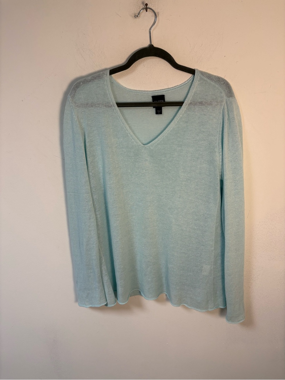 Eileen Fisher Lightweight V-Neck Sweater - Pale Aqua 100% Linen XL